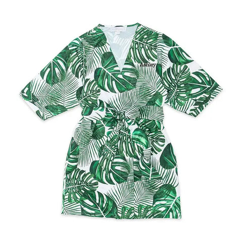 Women's Personalized Embroidered Tropical Satin Robe With Pockets - Monstera Leaf