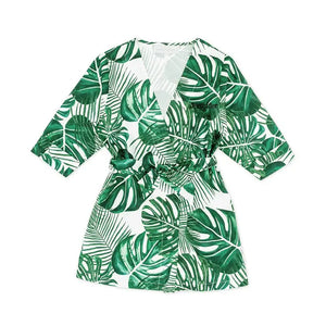 Personalized Embroidered Flower Girl Tropical Satin Robe With Pockets - Monstera Leaf