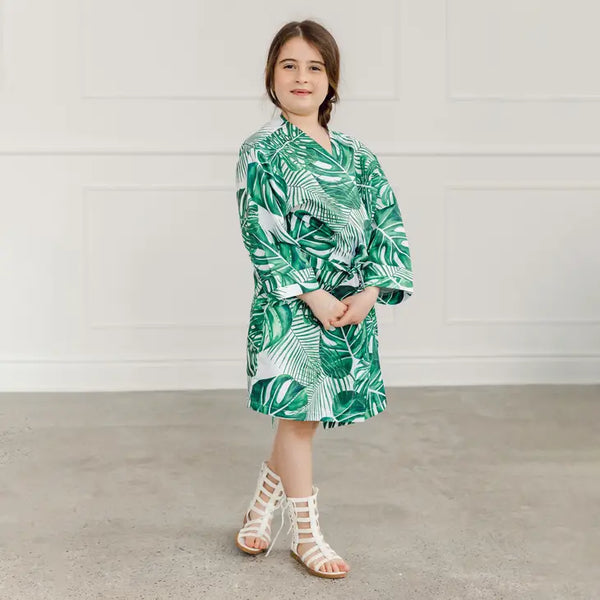 Personalized Embroidered Junior Bridesmaid Tropical Satin Robe With Pockets - Monstera Leaf