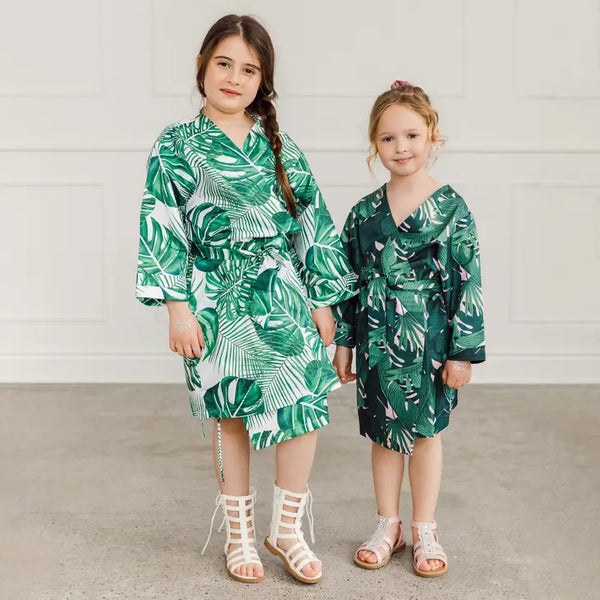 Personalized Embroidered Junior Bridesmaid Tropical Satin Robe With Pockets - Monstera Leaf