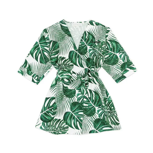 Personalized Embroidered Junior Bridesmaid Tropical Satin Robe With Pockets - Monstera Leaf