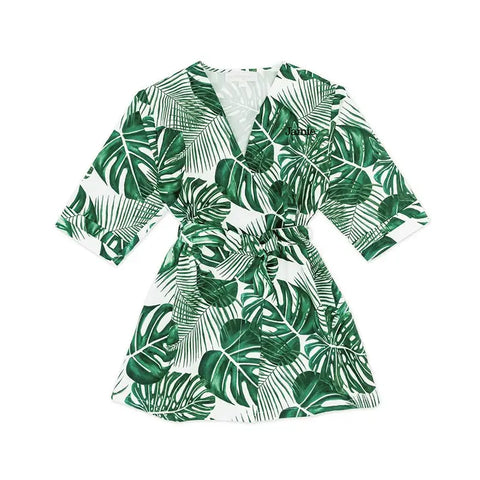 Personalized Embroidered Junior Bridesmaid Tropical Satin Robe With Pockets - Monstera Leaf