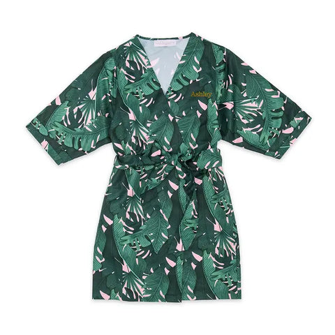 Women's Personalized Embroidered Tropical Satin Robe With Pockets - Banana Leaf