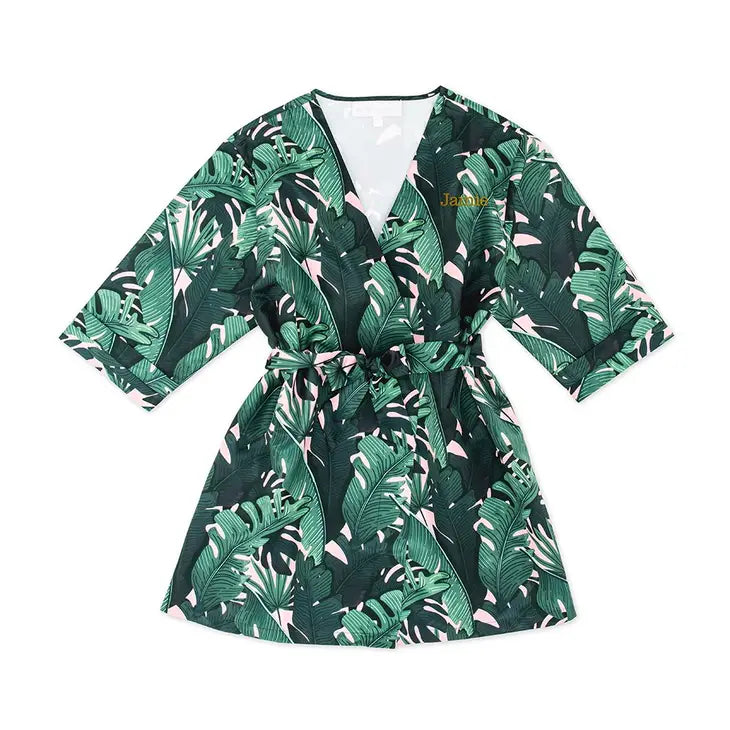 Personalized Embroidered Junior Bridesmaid Tropical Satin Robe With Pockets - Banana Leaf