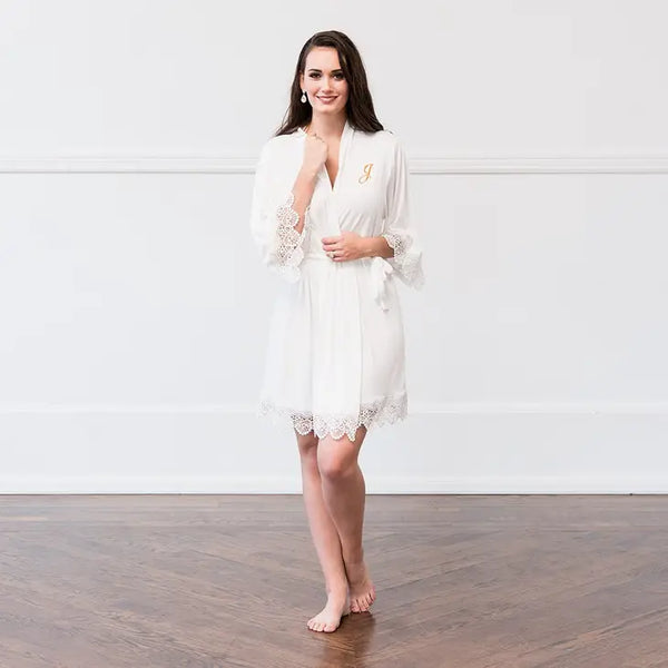 Women's Personalized Jersey Knit Robe With Lace Trim - White