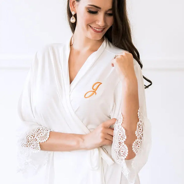 Women's Personalized Jersey Knit Robe With Lace Trim - White