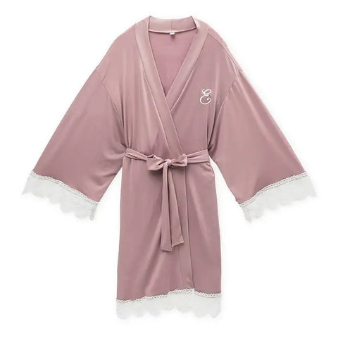 Women's Personalized Jersey Knit Robe With Lace Trim - Mauve