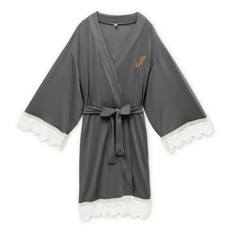 Women's Personalized Jersey Knit Robe With Lace Trim - Gray