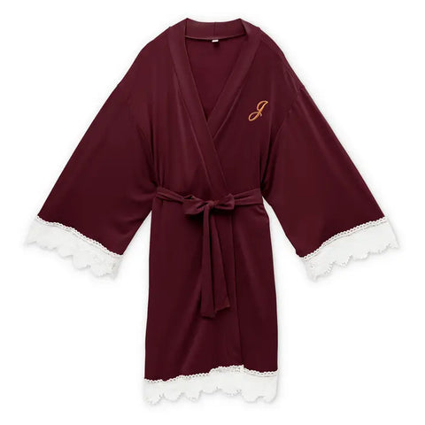 Women's Personalized Jersey Knit Robe With Lace Trim - Burgundy