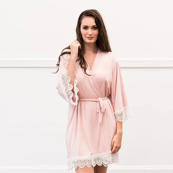 Women's Personalized Jersey Knit Robe With Lace Trim - Blush Pink