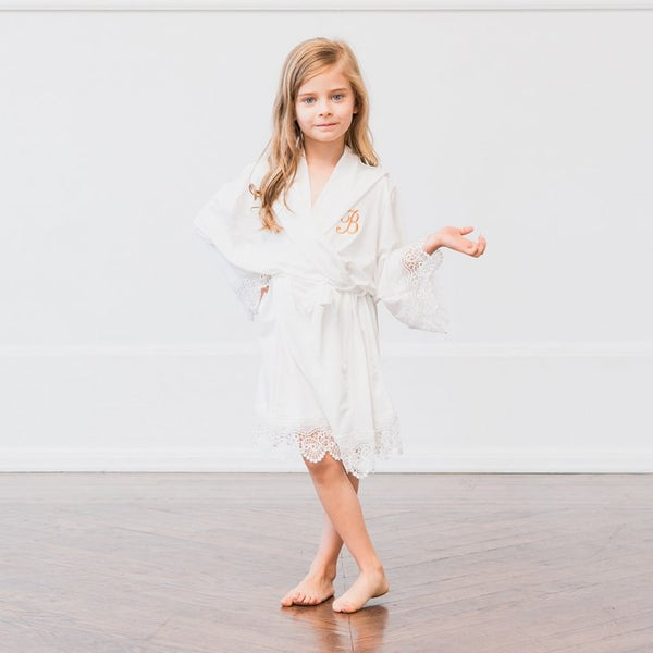 Personalized Flower Girl Jersey Knit Robe With Lace Trim - White