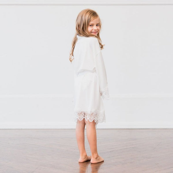 Personalized Flower Girl Jersey Knit Robe With Lace Trim - White