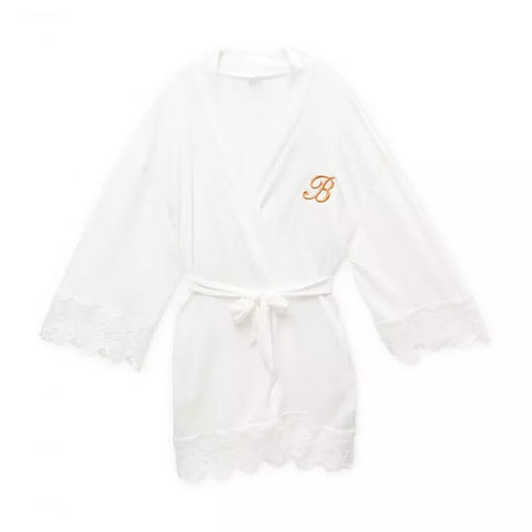 Personalized Flower Girl Jersey Knit Robe With Lace Trim - White