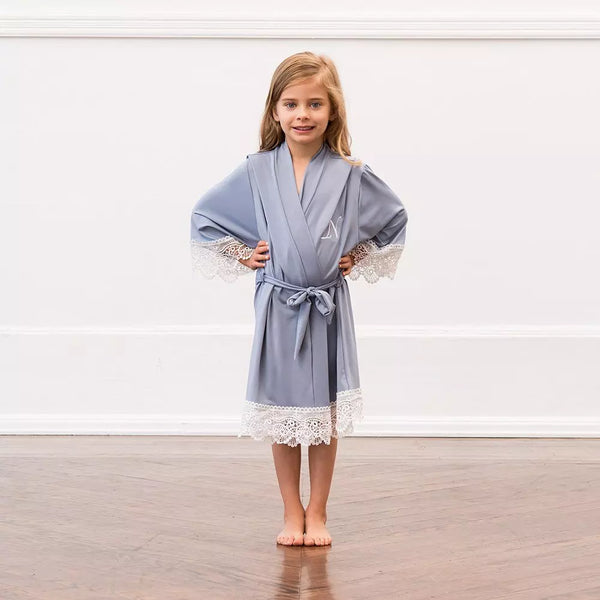 Personalized Flower Girl Jersey Knit Robe With Lace Trim - Powder Blue