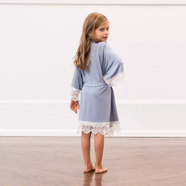 Personalized Flower Girl Jersey Knit Robe With Lace Trim - Powder Blue