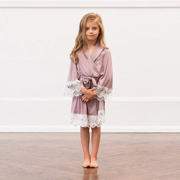 Personalized Flower Girl Jersey Knit Robe With Lace Trim - Mauve