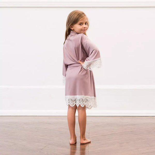 Personalized Flower Girl Jersey Knit Robe With Lace Trim - Mauve