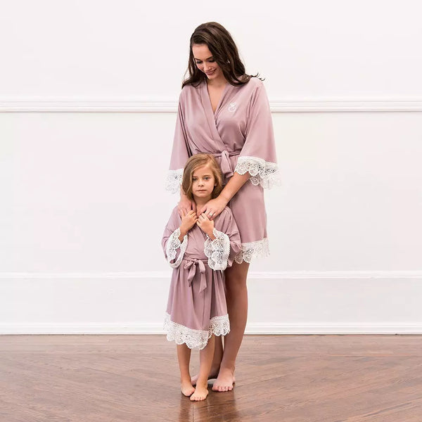 Personalized Flower Girl Jersey Knit Robe With Lace Trim - Mauve