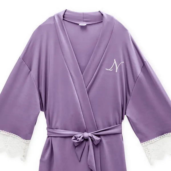 Personalized Junior Bridesmaid Jersey Knit Robe With Lace Trim - Lavender