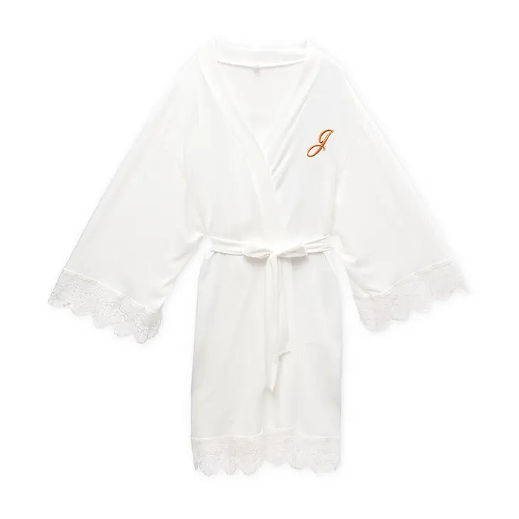 Personalized Junior Bridesmaid Jersey Knit Robe With Lace Trim - White