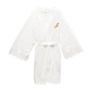 Personalized Junior Bridesmaid Jersey Knit Robe With Lace Trim - White