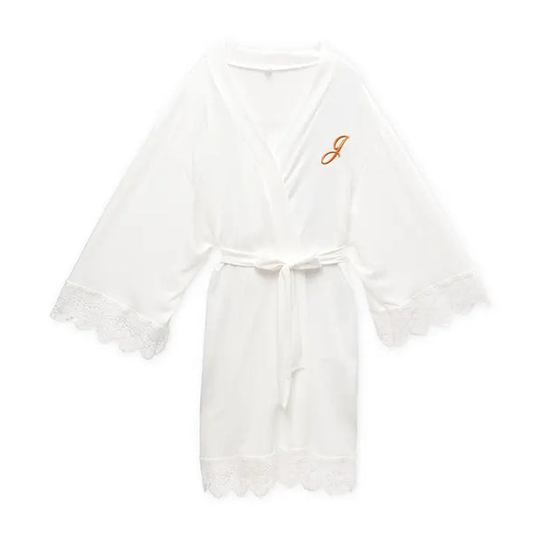 Personalized Junior Bridesmaid Jersey Knit Robe With Lace Trim - White