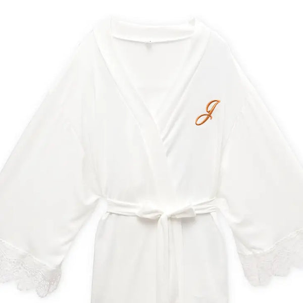 Personalized Junior Bridesmaid Jersey Knit Robe With Lace Trim - White