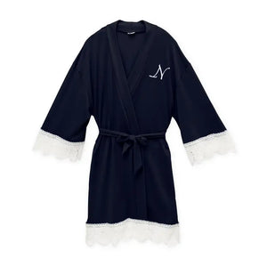 Personalized Junior Bridesmaid Jersey Knit Robe With Lace Trim - Navy Blue