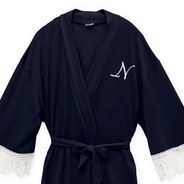 Personalized Junior Bridesmaid Jersey Knit Robe With Lace Trim - Navy Blue