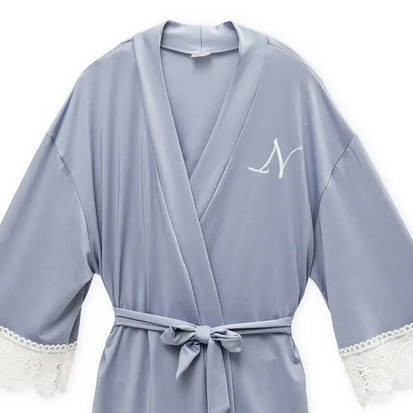 Personalized Junior Bridesmaid Jersey Knit Robe With Lace Trim - Powder Blue