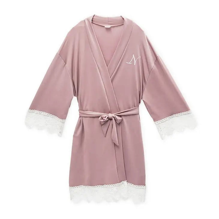 Personalized Junior Bridesmaid Jersey Knit Robe With Lace Trim - Mauve