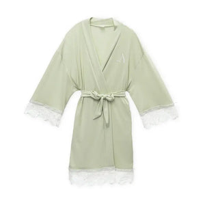 Personalized Junior Bridesmaid Jersey Knit Robe With Lace Trim - Sage