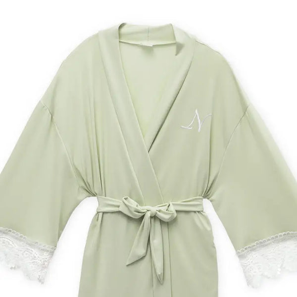 Personalized Junior Bridesmaid Jersey Knit Robe With Lace Trim - Sage