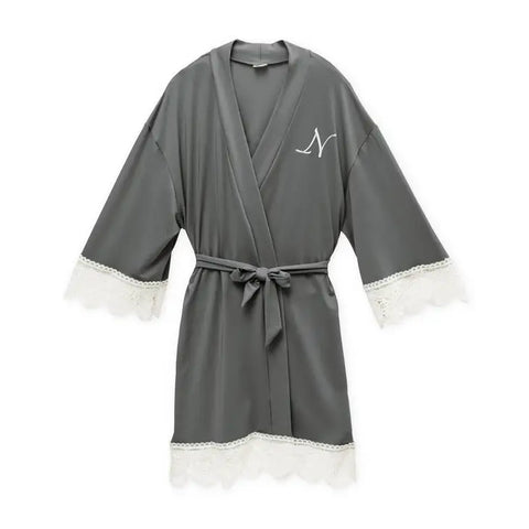 Personalized Junior Bridesmaid Jersey Knit Robe With Lace Trim - Gray