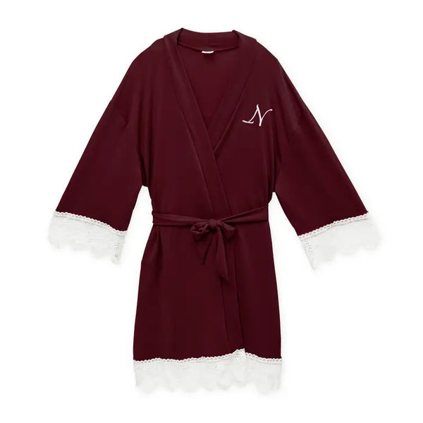 Personalized Junior Bridesmaid Jersey Knit Robe With Lace Trim - Burgundy