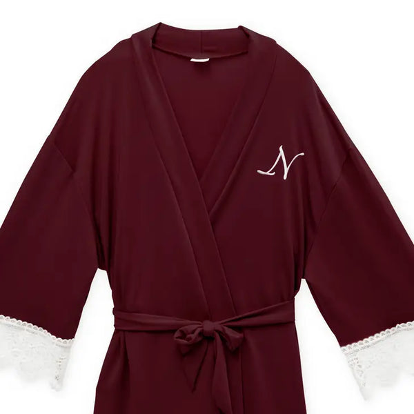 Personalized Junior Bridesmaid Jersey Knit Robe With Lace Trim - Burgundy