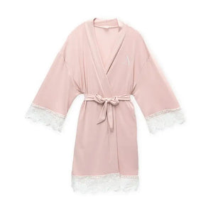 Personalized Junior Bridesmaid Jersey Knit Robe With Lace Trim - Blush Pink