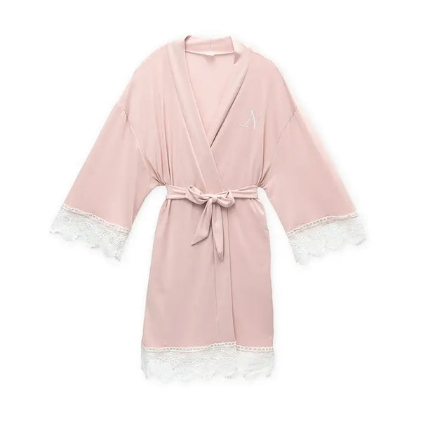 Personalized Junior Bridesmaid Jersey Knit Robe With Lace Trim - Blush Pink