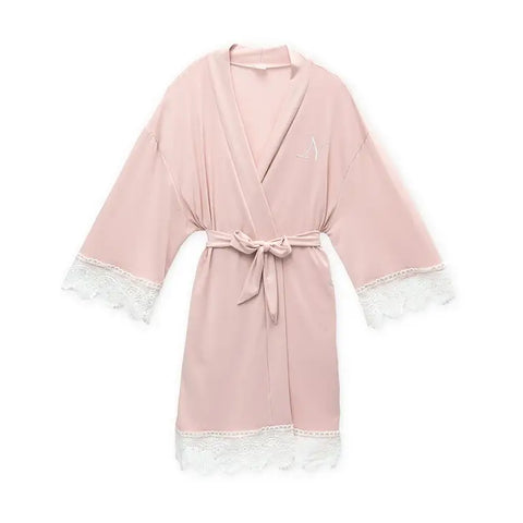 Personalized Junior Bridesmaid Jersey Knit Robe With Lace Trim - Blush Pink