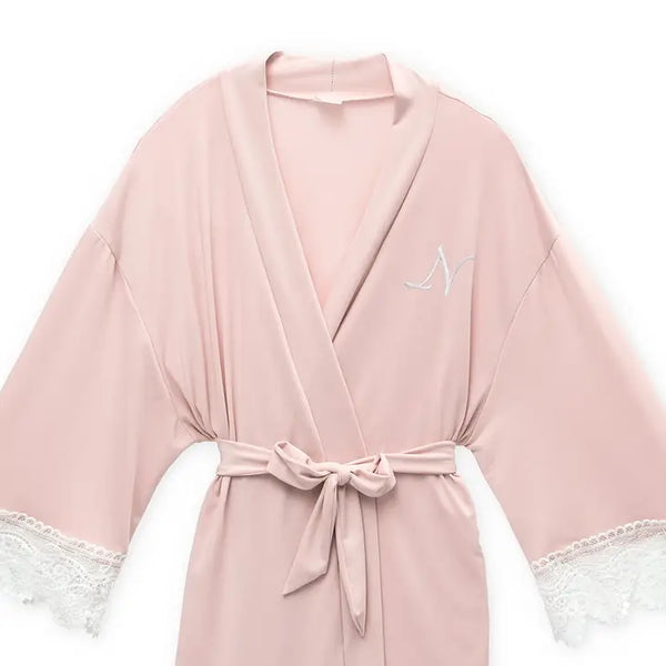 Personalized Junior Bridesmaid Jersey Knit Robe With Lace Trim - Blush Pink