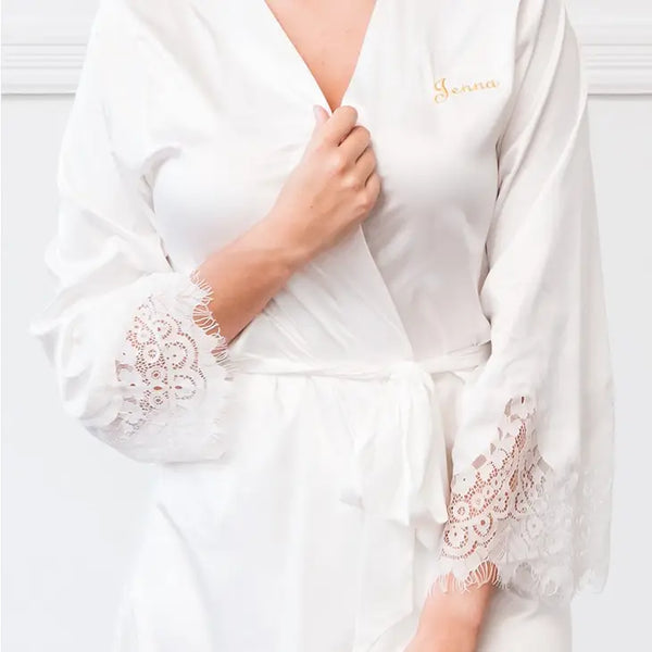 Personalized Embroidered Silky & Lace Trim Bridal Wedding Robe - White