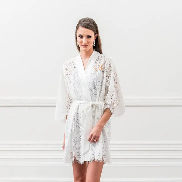 Personalized Embroidered Lace Bridal Wedding Robe - White