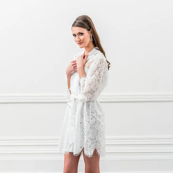 Personalized Embroidered Lace Bridal Wedding Robe - White