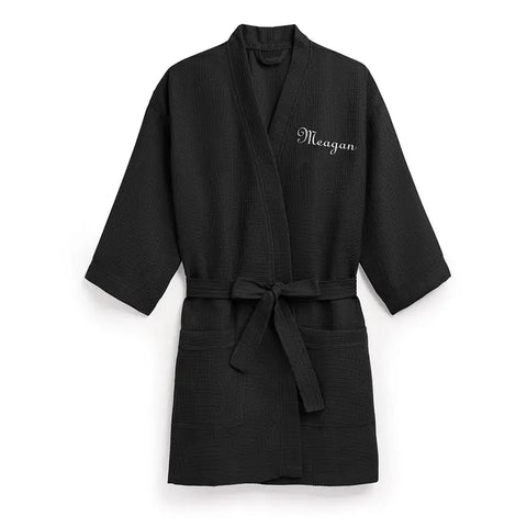 Women's Personalized Embroidered Waffle Knit Robe - Black