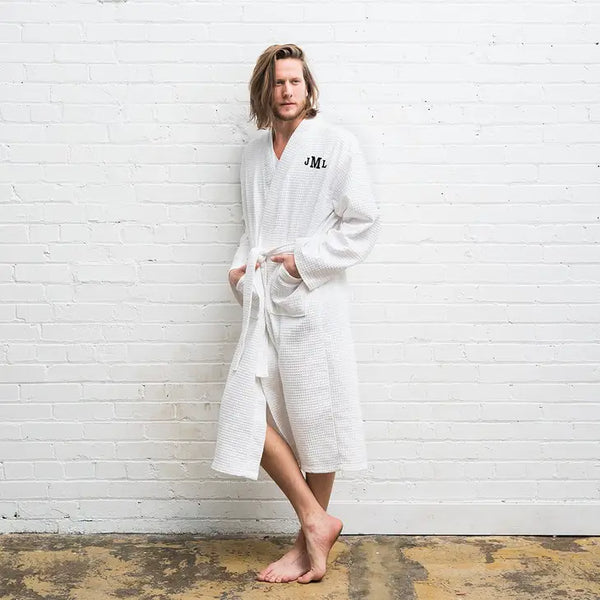 Men's Personalized Embroidered Long Waffle Robe - White