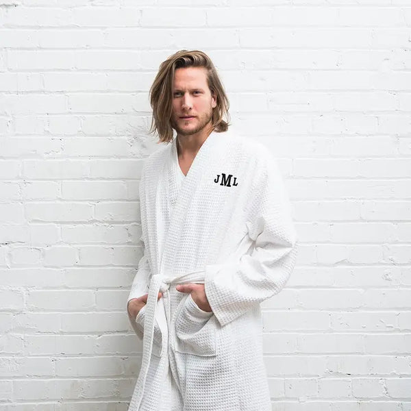 Men's Personalized Embroidered Long Waffle Robe - White