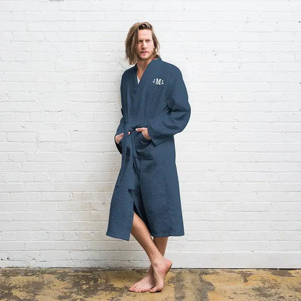 Men's Personalized Embroidered Long Waffle Robe - Navy Blue