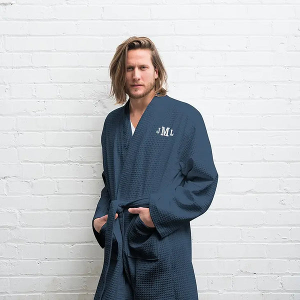 Men's Personalized Embroidered Long Waffle Robe - Navy Blue