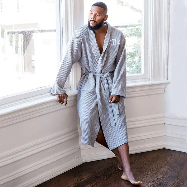 Men's Personalized Embroidered Long Waffle Robe - Gray