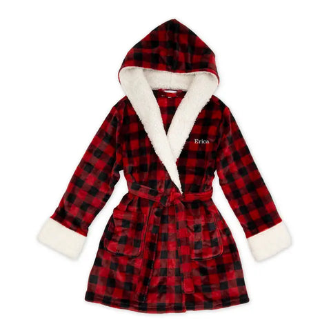 Women’s Personalized Embroidered Fluffy Plush Robe With Hood - Buffalo Plaid